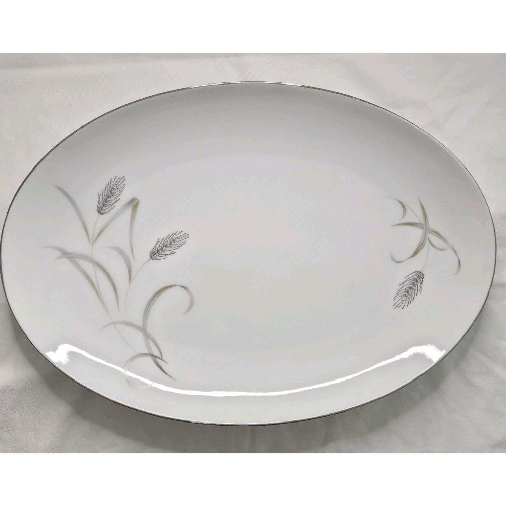 Vtg Mid Century Harvest Wheat China Oval Serving Platter Platinium Trim Japan 14